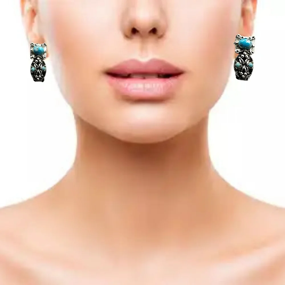 Silver Tone Blue Stone Clip On Earrings Ornate Floral Design 1”